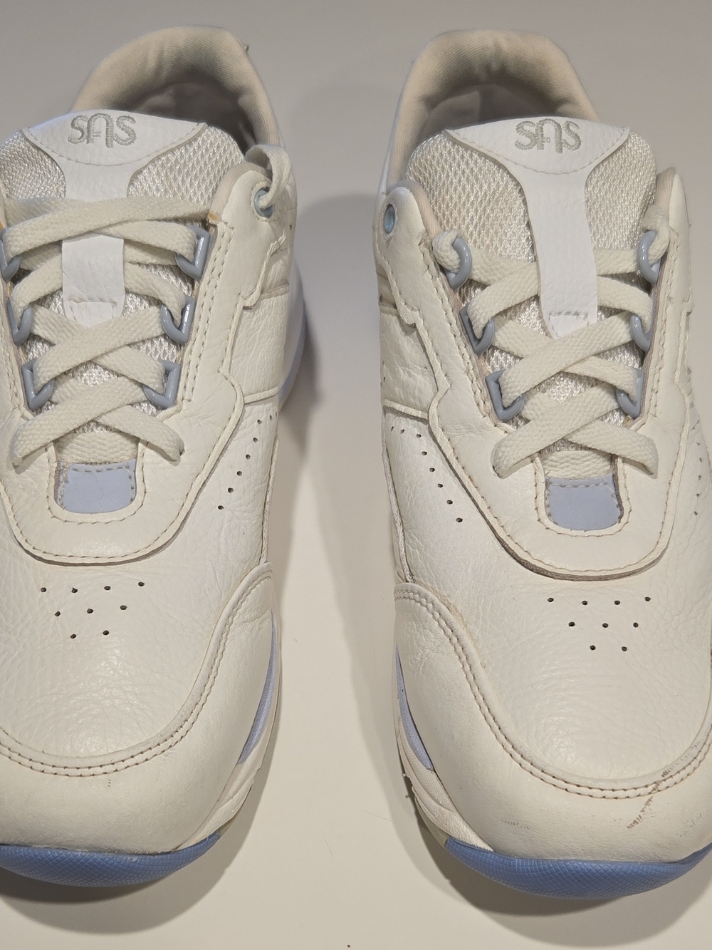 SAS White Leather Comfort Sneakers with Light Blue Accents